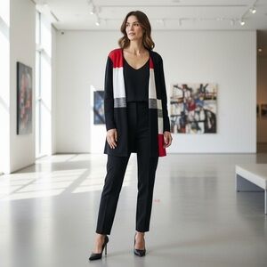 MISOOK Colorblock Open Front Knit Jacket Blazer Black Red White SZ L